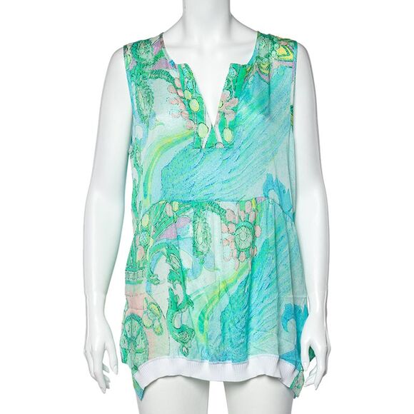 Class by Roberto Cavalli Blue Printed Silk Rib Knit Trim Detailed Top L - Picture 1 of 4